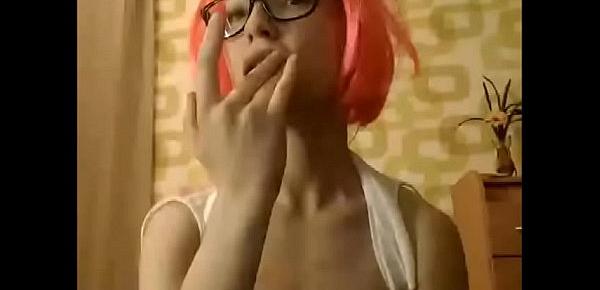  Superhot geekgirl Russian on webcam showing small tits and finger sucking